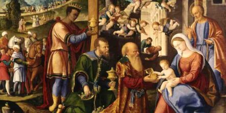 Girolamo da Santacroce (Italian, died 1556). 'The Adoration of the Three Kings,' ca. 1525-1530. oil on panel. Walters Art Museum (37.261): Acquired by Henry Walters with the Massarenti Collection, 1902.