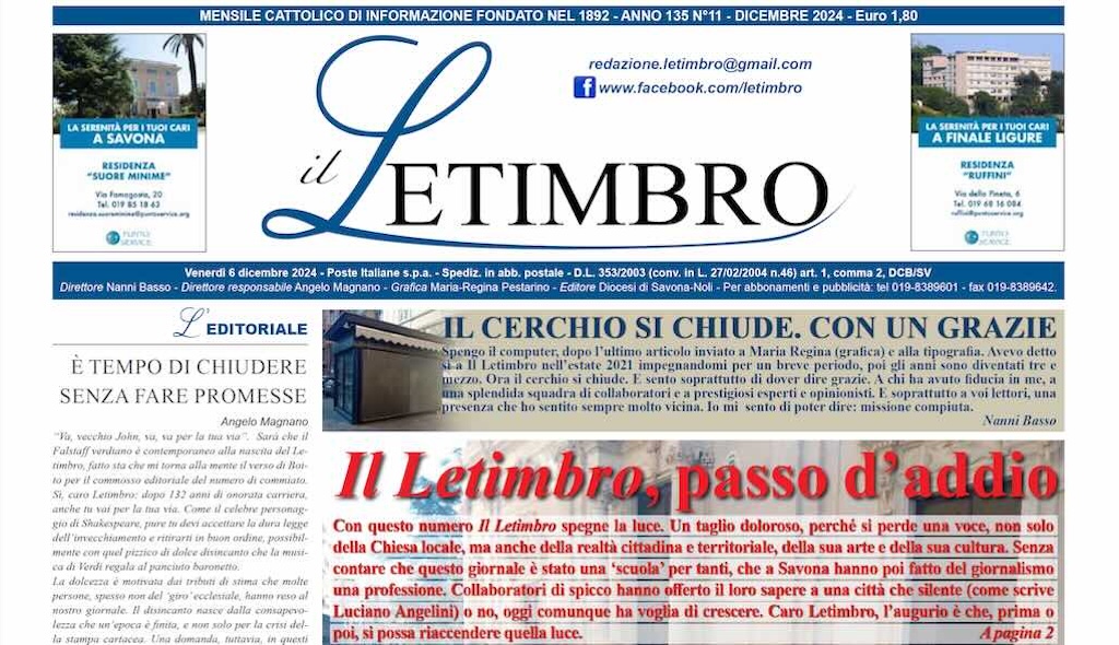 La prima pagina del numero di dicembre 2024 de Il Letimbro