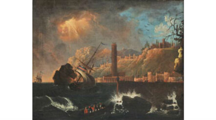 Dipinto ex voto - Repatta G.B. (1796), Naufragio di un veliero colpito da un fulmine - Albissola Superiore